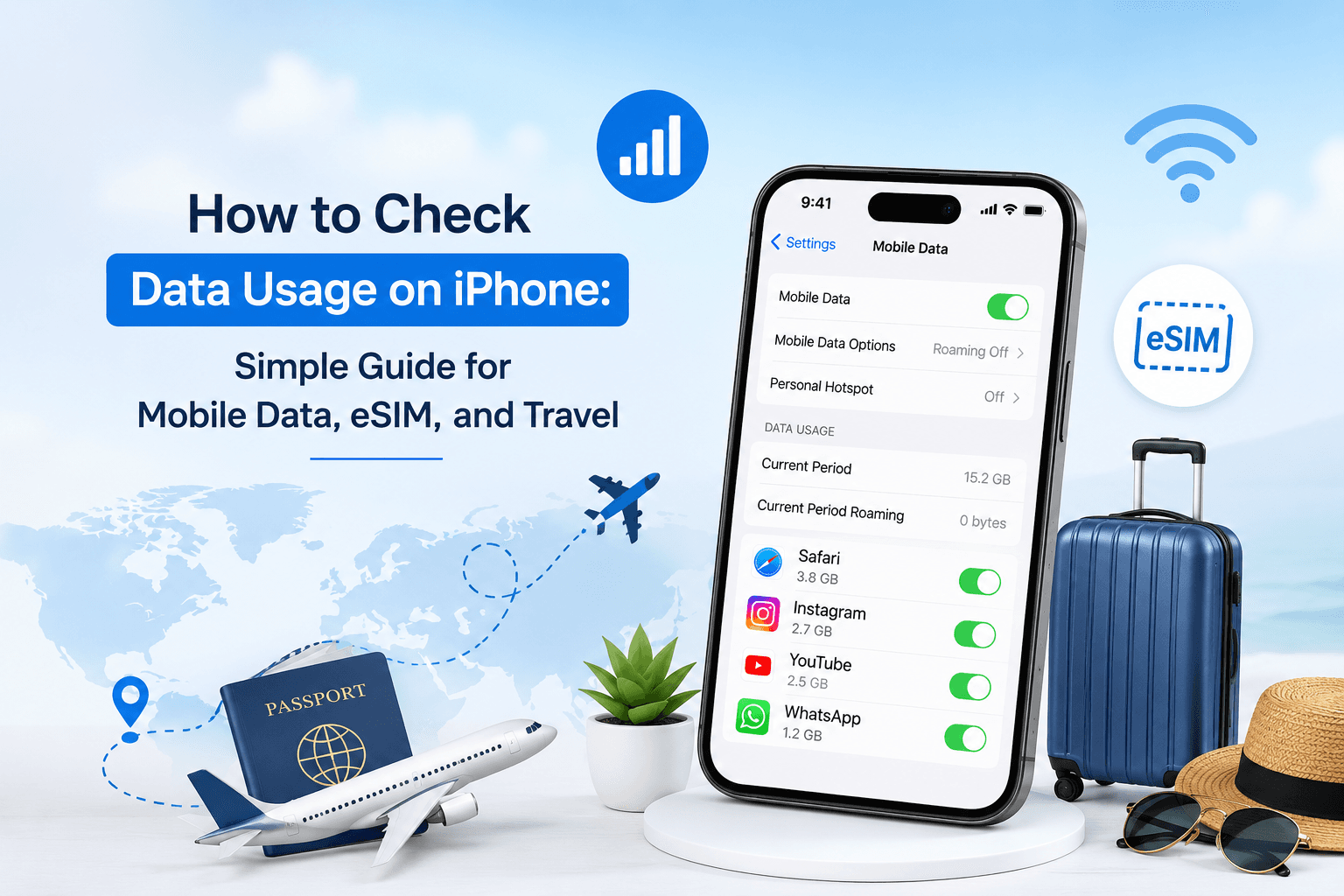 iPhone mobile data settings with app-wise usage information and eSIM connectivity options