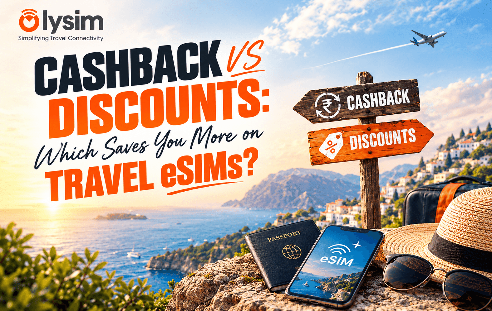 Traveller at an airport checking a phone showing a discount code and cashback offer screen side by side