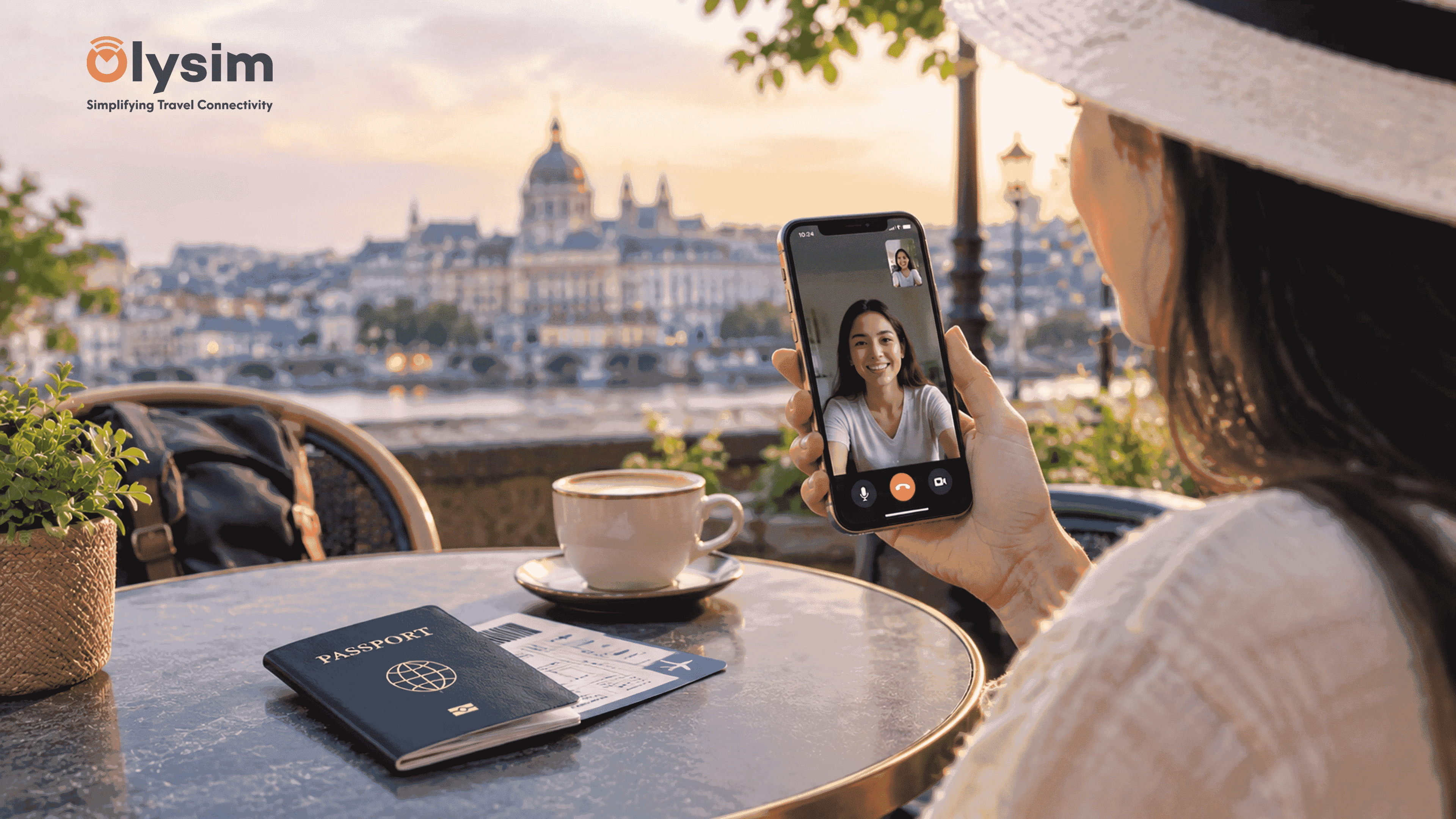 Traveller holding a phone showing a data-only eSIM plan screen with a WhatsApp call in progress