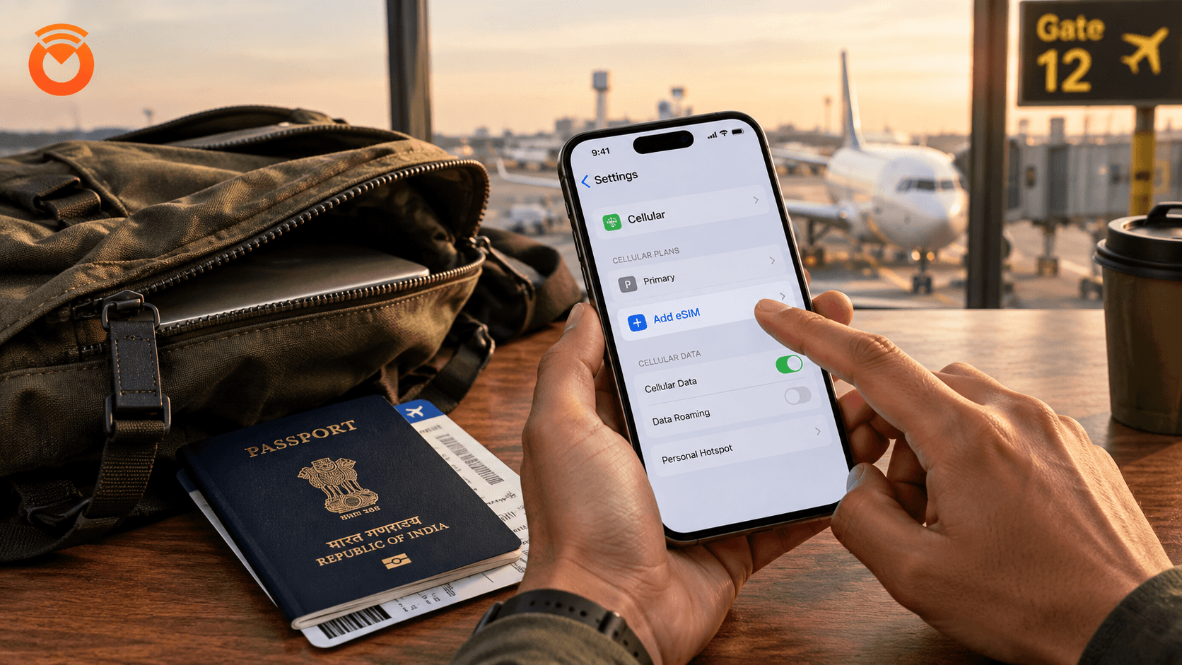 A traveller checking their phone settings screen at an airport gate to see if eSIM is supported