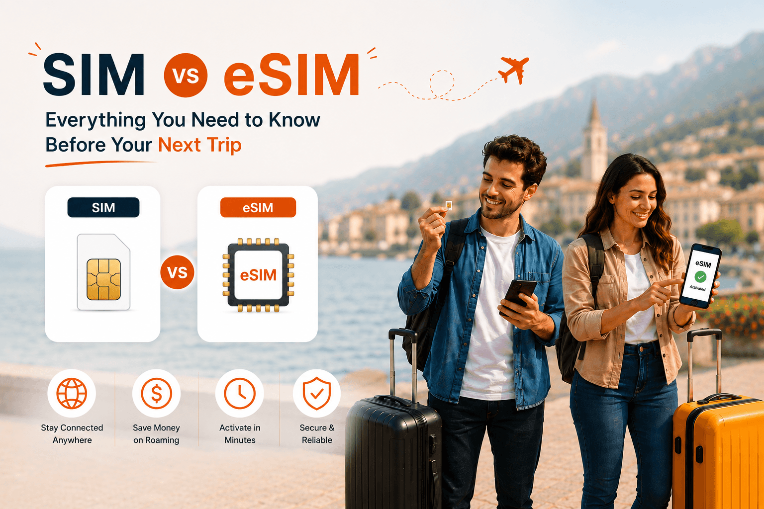 SIM vs eSIM comparison for international travelers at airport showing physical SIM card and activated eSIM on smartphone
