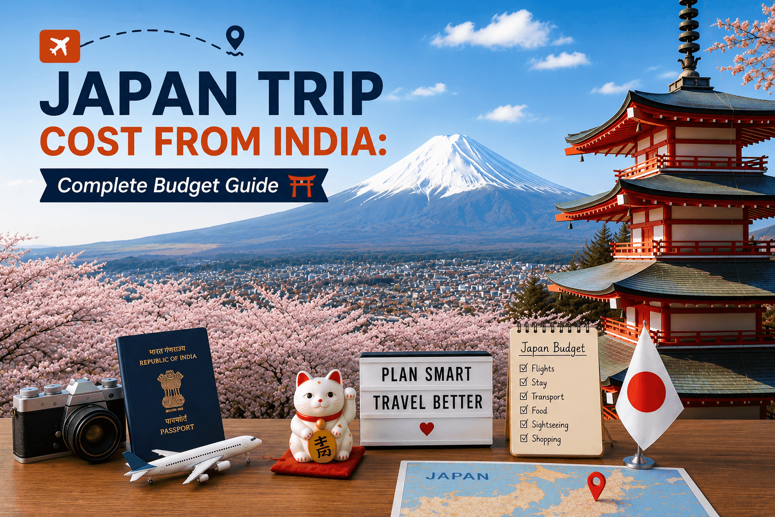 Japan trip cost from India complete budget guide featuring Mount Fuji, cherry blossoms, Japanese temple, passport, and travel planning essentials